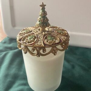 Vintage Bombay Votive Jeweled Top Green Tree  Brass Candle Never Used